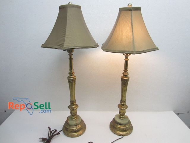 Lot 31-6542 - (2) Antique/Vintage Brass &amp; Green Onyx Table Lamps, Both Power On, 29" Tall