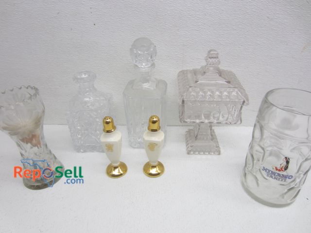 Lot 31-7149 - Lot of Glassware: Decanters, Candy Dish, Mug, Salt &amp; Pepper Shakers
