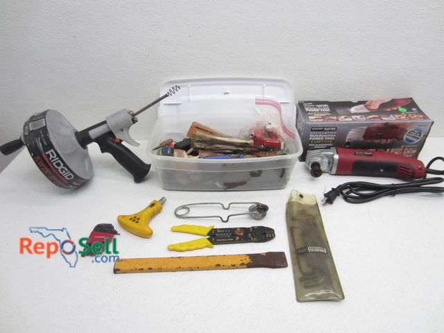 Lot 31-6503 - Tool Lot: Ridgid Drain Snake, Oscillating Multifunction Tool (p/o), Wire Strippers, Craftsman Allen ...