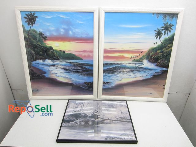 Lot 31-2164 - (2) Framed Beach Art 24"Wx30.5"H And (1) River Scene Art (With Broken Glass) 20"Wx16"H