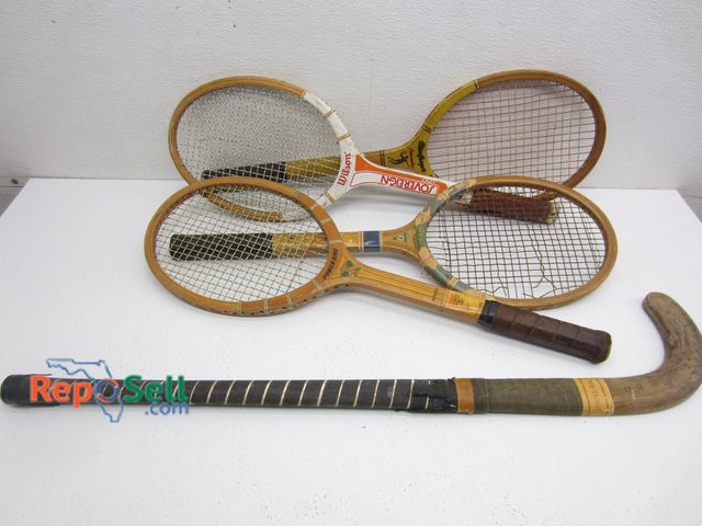 Lot 31-8543 - (4) Vintage Tennis Racquets &amp;  (1) Hockey Stick