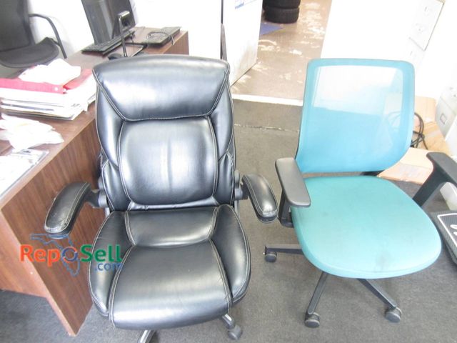 Lot 31-1299 - (2) Rolling Office Chairs: Black Faux Leather Executive, Blue Mesh Ergonomic Task Chair