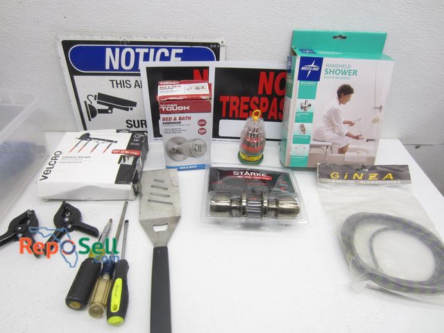 Lot 31-1393 - Tote of Hand Tools &amp; New Hardware: Door Knobs, Flashlights, Handheld Shower, etc.