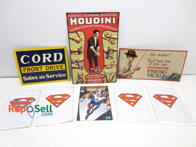 Lot 31-6437 - (3) metal Signs (Including Houdini) And (5) Comic Books: (4) Superman In Sealed Bags