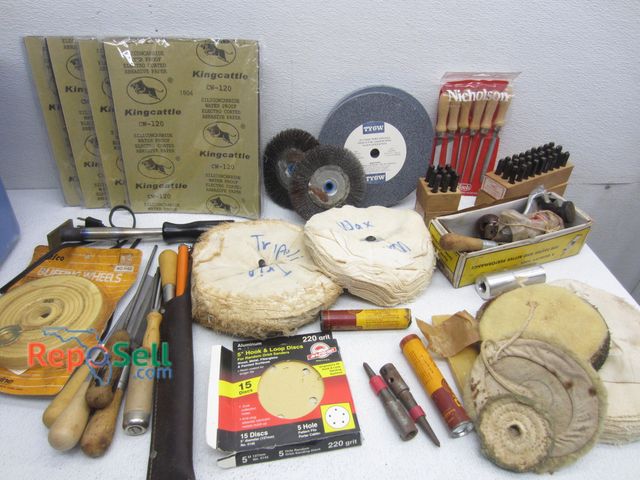 Lot 31-1300 - Wood Working Tools &amp; Accessories: Files, Sandpaper, Letter Stamps, Buffing Supplies, etc. Tote I...