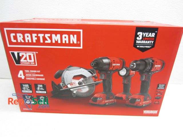 Lot 31-5128 - New Craftsman 20V 4 Tool Combo Kit w/(2) Batteries, Charger, Tool Bag - #CMCK401D2
