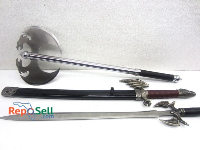Lot 31-9046 - Battle Axe, (1) Sword With Sheath, (1) Sword