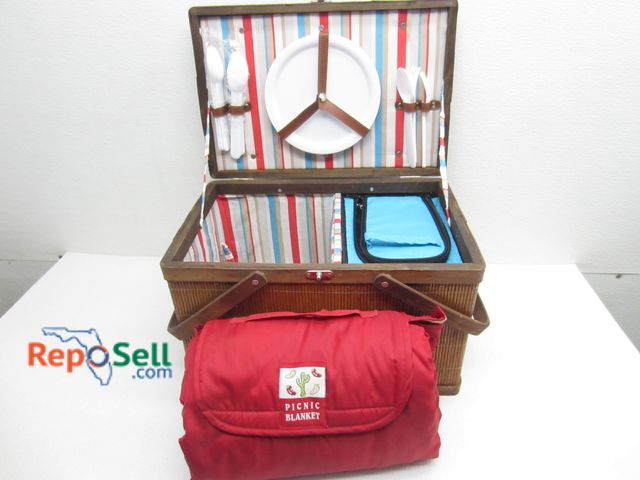 Lot 31-6265 - Picnic Basket with Cooler, Blanket, Plates, etc.