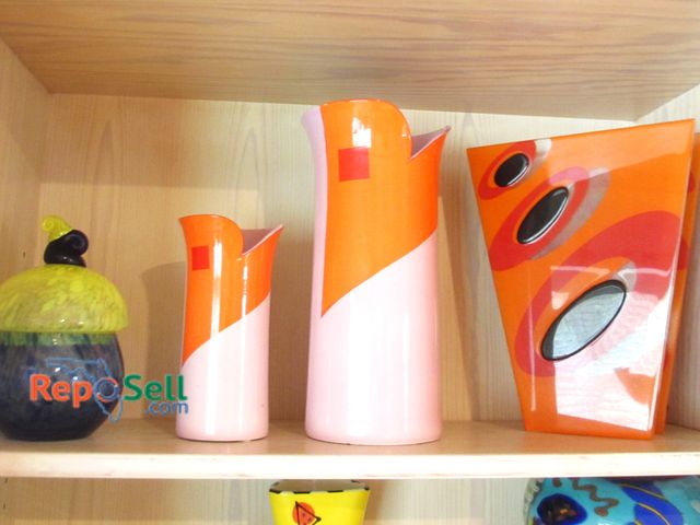 Lot 31-1283 - (4) Decor Pcs: Glass &amp; Ceramic, 3 Vases ( 2 are Vander 1985 Japan) Tallest Vase 14" &amp; 1 Dish