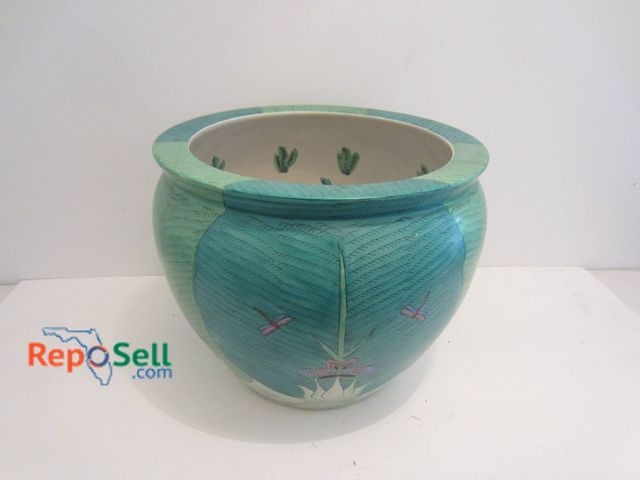 Lot 31-9128 - Turquoise And Green Ceramic Fishbowl Planter Featuring Hand-Painted Floral And Fish Details.