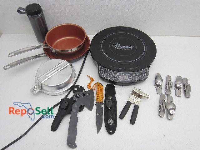 Lot 31-9556 - Camping Lot: Nuwave Griddle, Dinnerware, Axe, Knife And Sheath etc