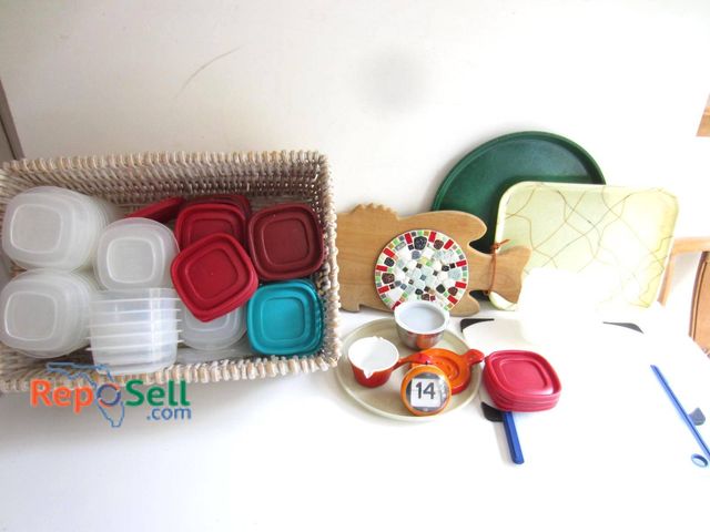Lot 31-9154 - Household items, including a wicker basket holding plastic storage containers & lids, decorative woo...