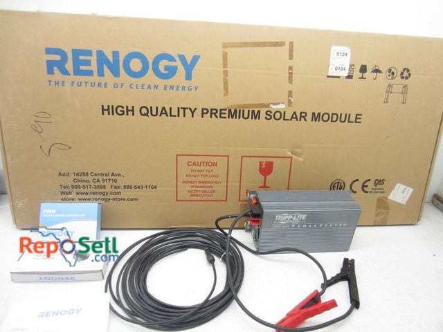 Lot 31-9445 - New Renogy 12V/100 Watt Solar Panel with controller, 1,000 Watt inverter, and parts