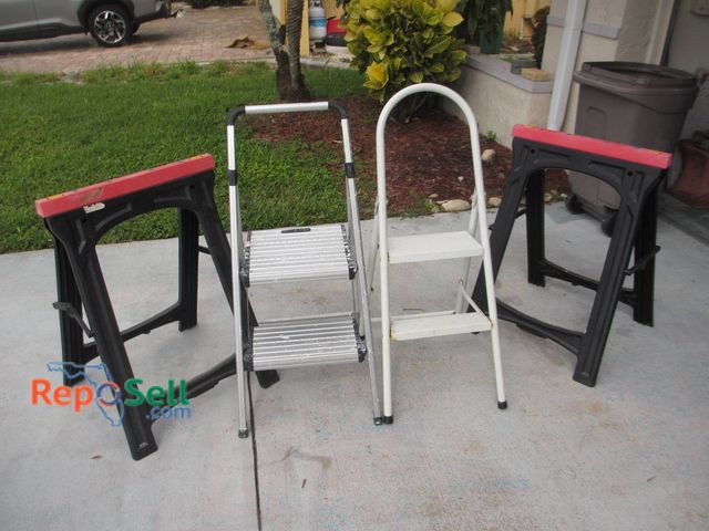 Lot 31-8369 - (2) Step Stools And (2) Plastic Folding Sawhorses, Cosco And Unbranded