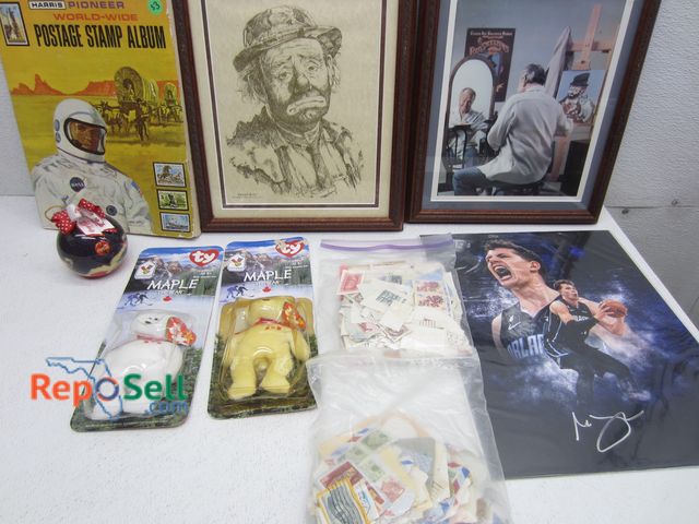 Lot 31-3469 - Collectable Lot: (2) Framed Clown Pictures, Stamps, TY Beanie Babies, Signed Basketball Photo (No CO...