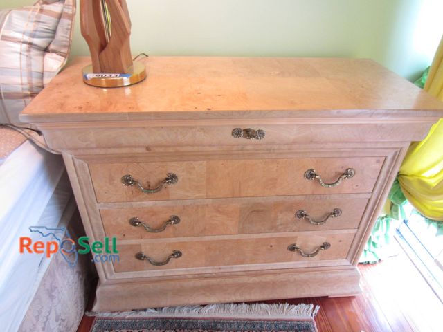 Lot 31-9035 - Charles X Henredon Dresser Featuring Burl Wood, Brass Handles, Three Drawers, 44x20x35 Inches.