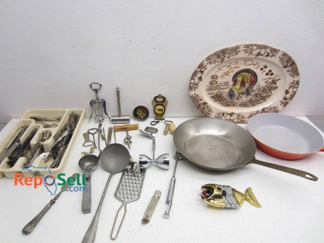 Lot 31-5310 - Vintage Kitchenware: Serving Dish, Pans, Flatware, etc.
