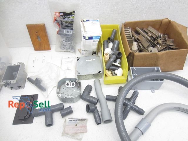 Lot 31-7106 - 58qt Tote With Electrical Acces: Fittings, Wall Plates, Staples etc