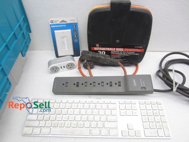 Lot 31-7429 - Lot of Power Strips, Apple Keyboard, Extension Cord on Reel, etc.