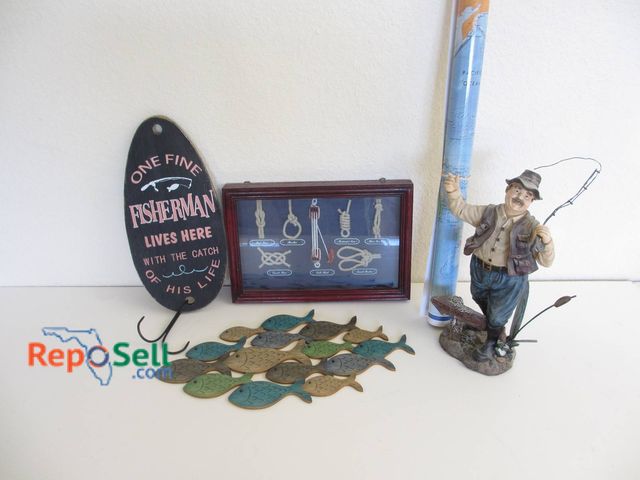 Lot 31-8519 - Fishing Decor Lot With Fisherman Figurine, Nautical Sign, Wall Plaque, Knots Display, And Map