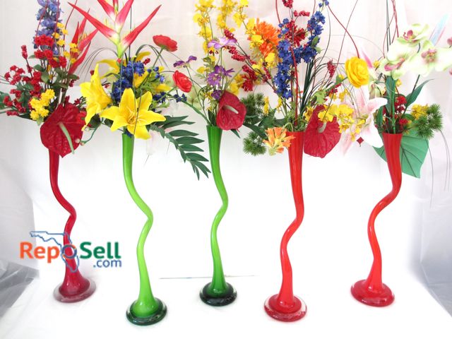 Lot 31-1081 - (5) Glass Blown Vases w/Decorative Flowers, 20"H