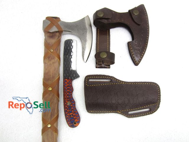 Lot 31-1055 - Axe &amp; Knife w Hammered Design, Both w/Sheath &amp; New