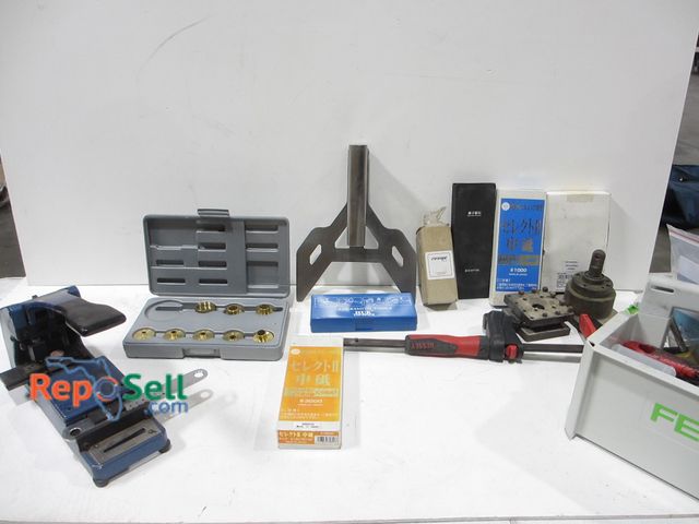 Lot 31-8245 - Schlage Key Gauge, (2) Japan Sharpening Stones, Honing Guide, Festool Bucket, etc.