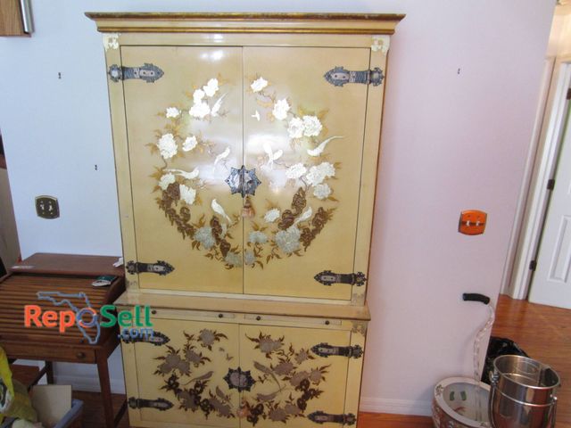 Lot 31-9126 - Two-Piece Cabinet *Please schedule pick up after 12pm*  Featuring Painted Floral Designs, Mirrored A...