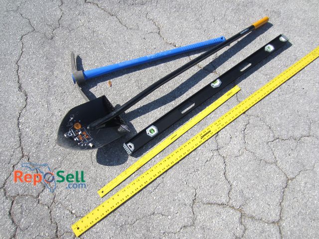 Lot 31-1271 - Yard Tools: Pick, Shovel, Level, Rulers