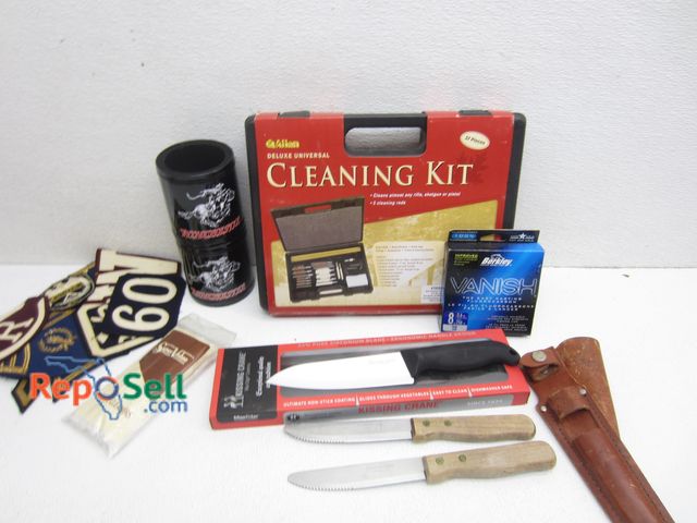 Lot 31-2095 - Sporting Goods Lot: 37pc Gun Cleaning Kit, Berkley 8lb Fishing Line, (2) Knives w/Sheaths, Culver Mi...