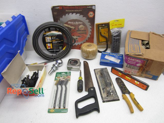 Lot 31-5457 - Lot of Tools with Tote: Saw Blade, Terminal Adapters, Hand Tools, etc.