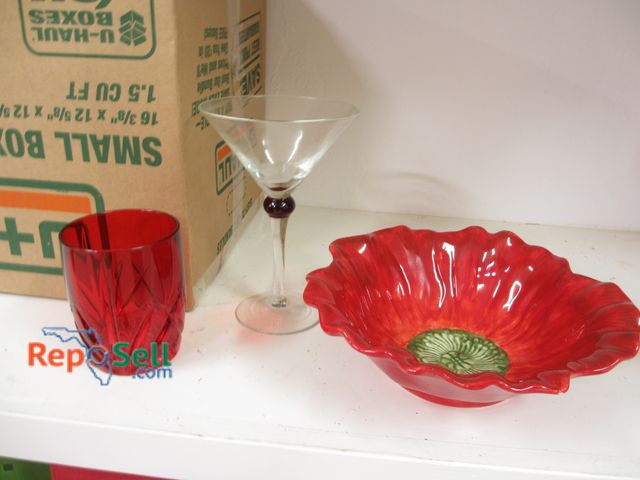 Lot 31-1099 - Kitchen Lot: (5) Red Glasses, (10) Martini Glasses, (1) Bowl