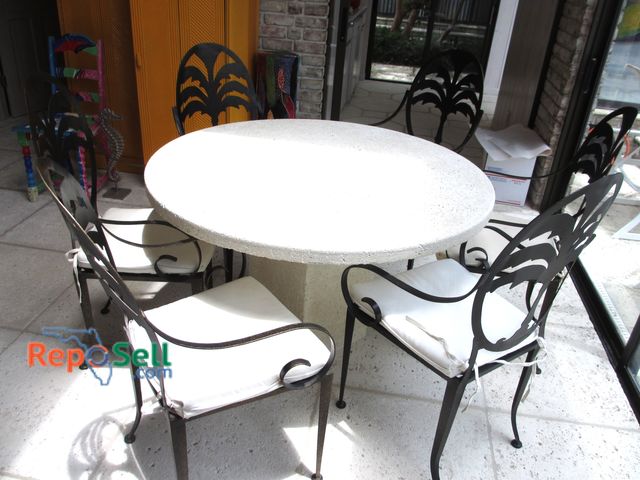 Lot 31-1147 - Concrete Table Top 48"x1/2" With Square Pedestal Base, Cover And (6) Metal Chairs