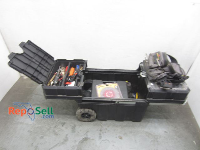 Lot 31-5414 - Hart Rolling Toolbox Cart w/Tools &amp; Accessories: Magno Grip Tool Belt, DeWalt 6.5" Saw Blade, Dr...