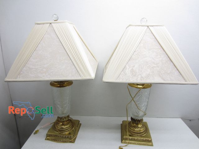 Lot 31-5264 - (2) Brass/Glass Lamps With Shades Approx 32" T - Both Power On