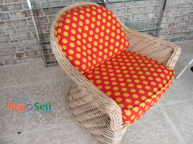 Lot 31-1369 - Rattan Chair with Custom Polka Dot Cushions, Seat - 23"W