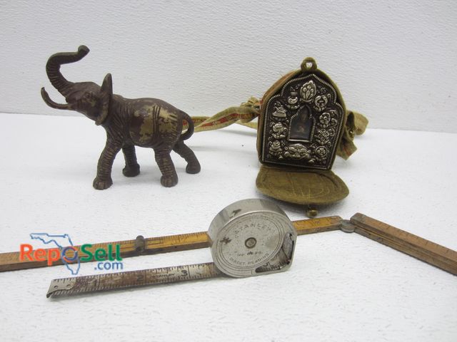 Lot 31-4461 - Collectible Lot: Bronze Elephant, Small Metal Cloth Bag, Rulers