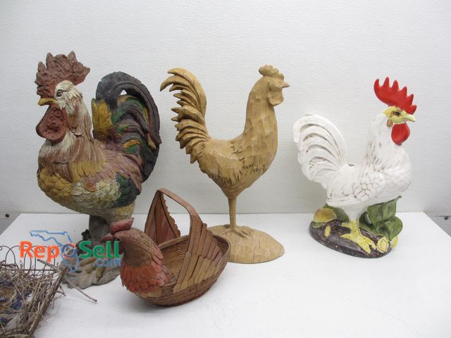 Lot 31-1342 - (3) Roosters (wood &amp; ceramic) Tallest 19"H &amp; Bird Basket