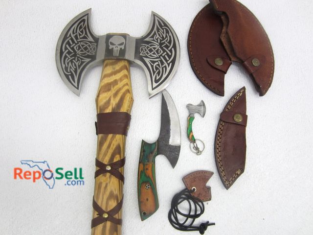 Lot 31-1064 - Double-Sided Axe, Knife, Small Keychain/Necklace Knife - All New &amp; w/Sheath