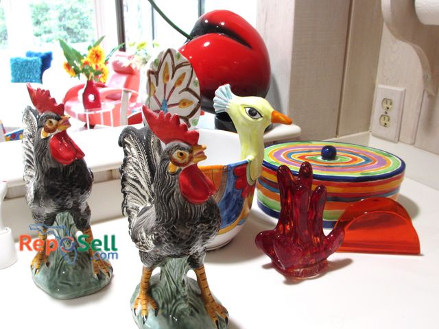 Lot 31-1177 - Estate Lot: Ceramic Roosters, Glass Napkin Holders, Large Cherry, Ceramic Dish Signed Venzo etc