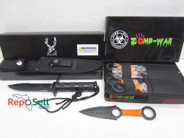 Lot 31-1220 - (2) Zomb-War 6pc Throwing Knife Set w Sheath &amp; (2) Bone Edge Tactical Hunting Knives w/Sheaths -...