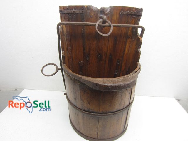 Lot 31-1410 - Wooden Chinese Water Bucket  w/Metal Rings - 25"H, 16"W, 14"D