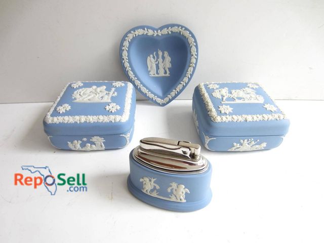 Lot 31-9244 - Wedgwood Blue Jasperware Items Featuring White Bas-Relief Decoration. Includes Two Square Trinket Bo...