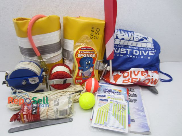 Lot 31-1303 - Scuba Diving Safety Gear: Dive Tables, (2) Inflatables, (2) Dive Line Reels, Rope, Diver Below Float...