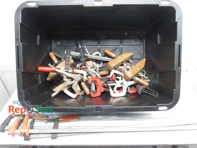 Lot 31-9389 - Assortment of Wood Clamps, (3) Bar Clamps, etc. - tote not incl