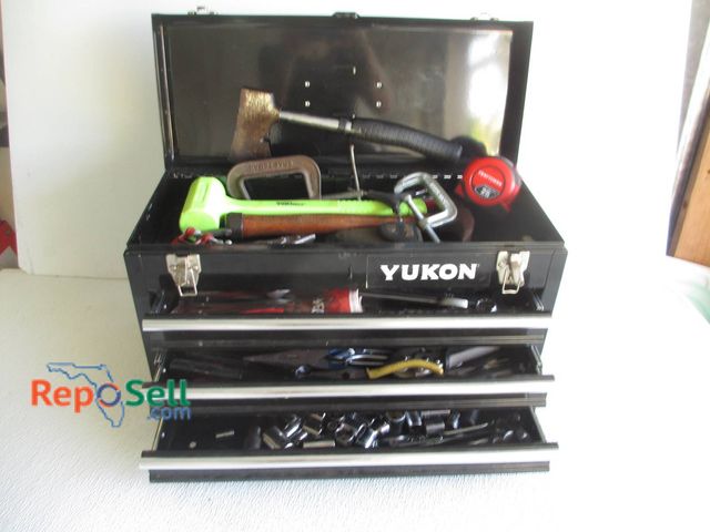 Lot 31-8574 - Yukon 3-Drawer Steel Tool Box With Harley-Davidson Screwdrivers, Sockets, And Hand Tools