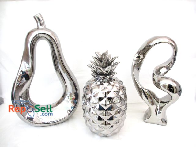 Lot 31-1054 - (3) Chrome Decor Pieces - Abstract, Pineapple &amp; Pear, Tallest - 21"H