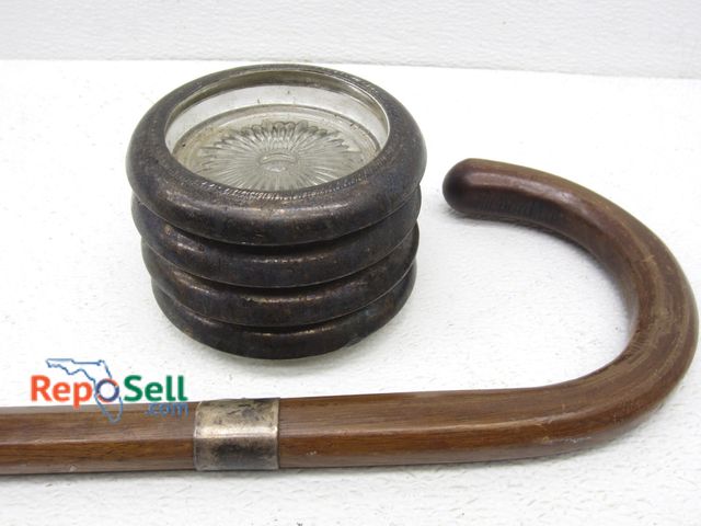 Lot 31-6555 - Vintage Wood/Sterling Silver Cane &amp; Sterling/Glass Coasters, (Cane 35" Tall)