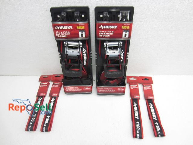 Lot 31-6091 - (2) New Husky 16'x1 1/4" Bar Racket Tie Down Straps And (4) 18"x1 1/4" Soft Connect Straps