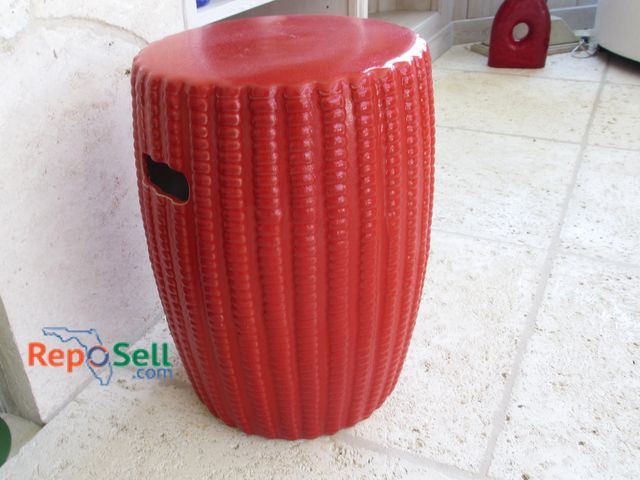 Lot 31-1017 - Red Ceramic Barrel Side Table w/ Handholds, 19"H x 12"W